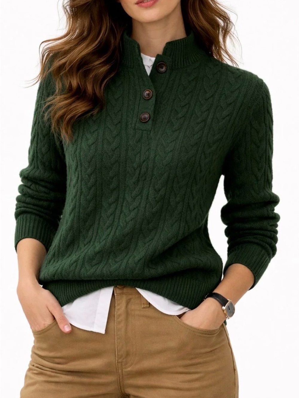 Women's Dark Green Cable-Knit Button Mock Neck Sweater